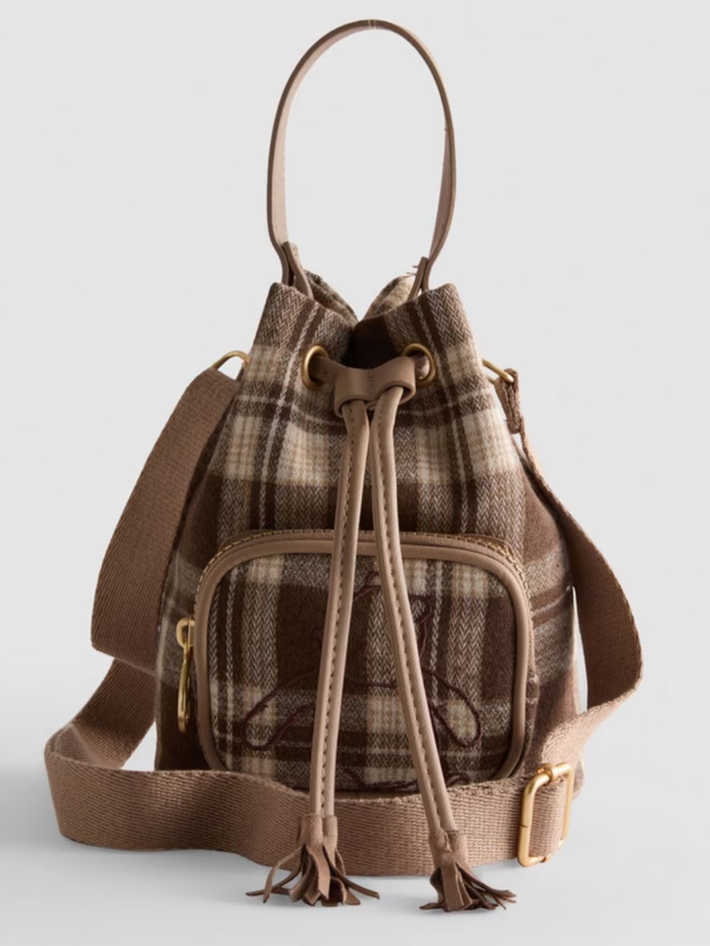 Disney Brown Plaid Bucket Crossbody Bag with Tassel Drawstring